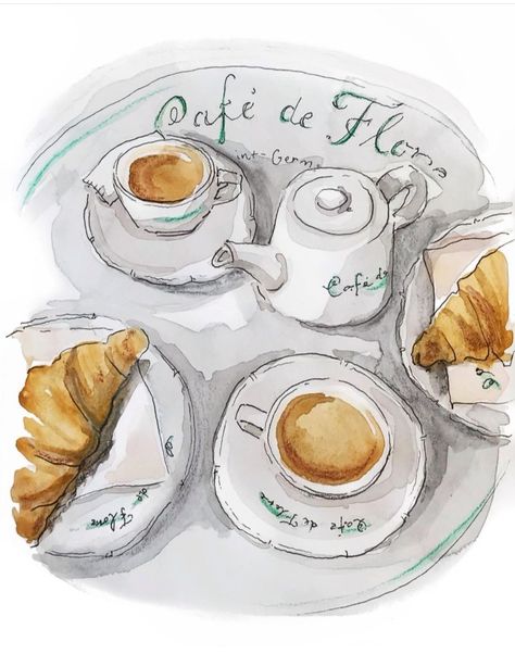 Coffee Outside, Les Deux Magots, Coffee In Paris, Coffee Watercolor, Food Cafe, Scene Drawing, Food Illustration Art, Parisian Cafe, Coffee Painting