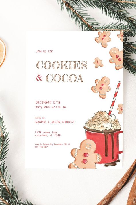 cookies and cocoa holiday party invite, cookies & cocoa invitation, cookies and cocoa invite, zazzle Cocoa And Cookies Party, Christmas Party Cookies, Happy New Year Calligraphy, Fun Christmas Party Ideas, Cocoa Party, Christmas Cookie Party, Christmas Party Invite, Diy Christmas Party, Grinch Party