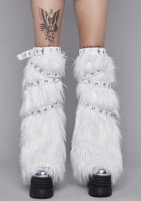 Faux Fur Leg Warmers, Punk Plaid, Fur Leg Warmers, Occult Fashion, Victorian Goth, Aesthetic Shoes, White Faux Fur, Alternative Outfits, Fur Fashion