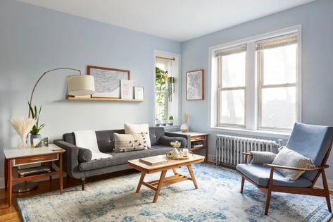 Small Blue Living Room, Light Blue Walls Living Room Decor, Light Blue Paint Living Room, Blue Gray Walls Living Room, Dusty Blue Living Room, Sunnyside Queens, Light Blue Living Room, Teal Couch, Blue Walls Living Room