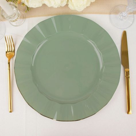 $6.99 | Combining modish metallic tinted rims in ruffled design with elegant formation, our upscale dinnerware will impart a ritzy charm to your table settings. Chic ruffled rim design in metallic tint is gracefully set against the backdrop of solid dusty sage construction for an aristocratic look. Featuring a non-toxic plastic construction tailored to your family's specific needs, these plates are completely sustainable and recyclable. Dusty Sage Green, Plastic Party Plates, Dusty Sage, Plastic Bowls, Disposable Plates, Holiday Dining, Tap Water, Green Style, Dinner Salads