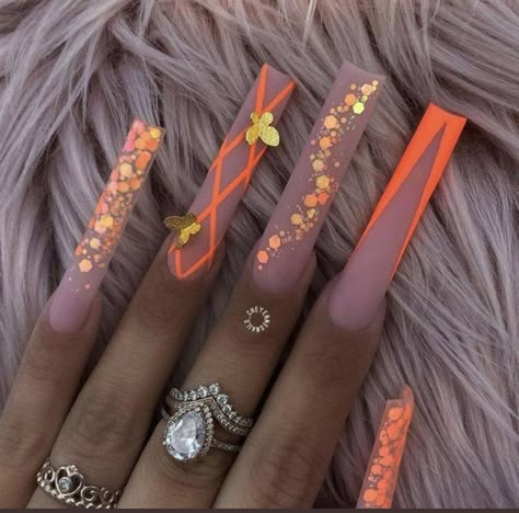 Long Orange Nails, Long Acrylic Nail Designs, Nails Design With Rhinestones, Dope Nail Designs, Long Acrylic Nails Coffin, Coffin Shape Nails, Coffin Nails Long, Long Square Acrylic Nails, Unique Acrylic Nails