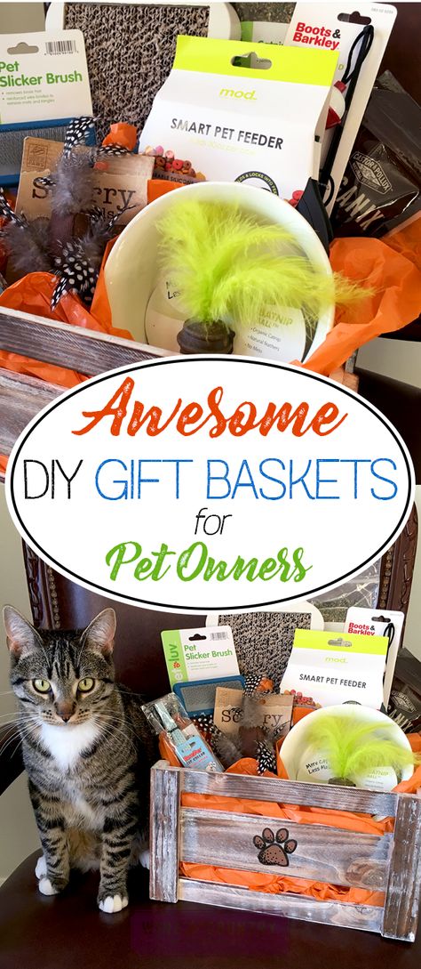 Pet parents LOVE getting goodies to spoil their fur babies with! This awesome DIY gives you ideas for what to include in a basket, too! Dog Auction Basket Ideas, Pet Raffle Basket Ideas, Dog Raffle Basket Ideas, Pet Gift Basket Ideas, Cat Gift Basket, Pet Gift Basket, Silent Auction Basket, Dog Gift Basket, Auction Basket