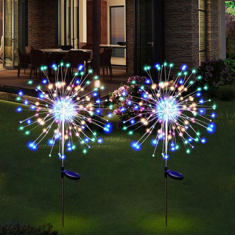 Patio Party Decorations, Firework Lights, Yard Pathway, Solar Yard Lights, Outside Decor, Yard Party, Patio Party, Outside Patio, 4th Of July Decorations