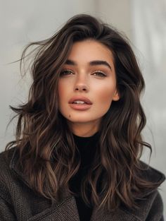 Wavy On Short Hair, Women's Medium Haircuts, Messy Waves Hairstyle, Romantic Curls Medium Hair, 2023 Women’s Hair Color, Medium Hair Wavy Styles, Natural Loose Wavy Hair, Classic Brunette Hair, Wavy Hair Haircuts Medium