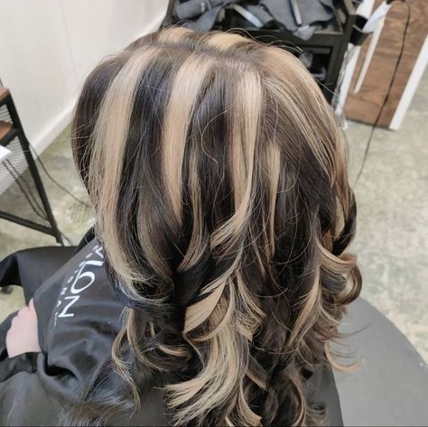 Chunky Highlights By Hair Pattern, Black Hair With Chunky Blonde Highlights, Chunky Highlights For Brown Hair Y2k, Y2k Hair Color Highlights, Chunky Highlights For Black Hair, Chunky Blonde Highlights Y2k, Skunk Hair Aesthetic, Black Hair With Chunky Highlights, Colored Highlights In Black Hair