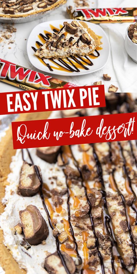 No-bake Twix pie is an easy no bake pie your family will love! All you need is Cool Whip, Twix candy bars, chocolate, caramel and a just a tad bit more. If you're on the hunt for a simple dessert, then give this one a shot! Twix Pound Cake Recipe, Family Night Dessert Ideas, Twix Dessert Ideas, Easy Twix Dessert, Desserts With Twix Bars, Twix Pie No Bake, Easy Twix Cake, No Bake Caramel Desserts, No Bake Twix Cake