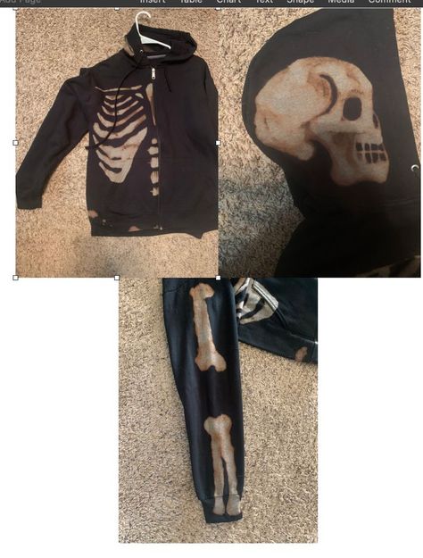 How to use bleach to dye skeleton on a sweatshirt. Skeleton Sweatshirt Bleach, Bleach Hoodie Diy, Bleach Hoodie Designs Y2k, Skeleton Bleach Hoodie, Bleach Hoodie Ideas, Bleach Hoodie Designs, Bleach Jacket, Fashion Objects, Bleached Leggings