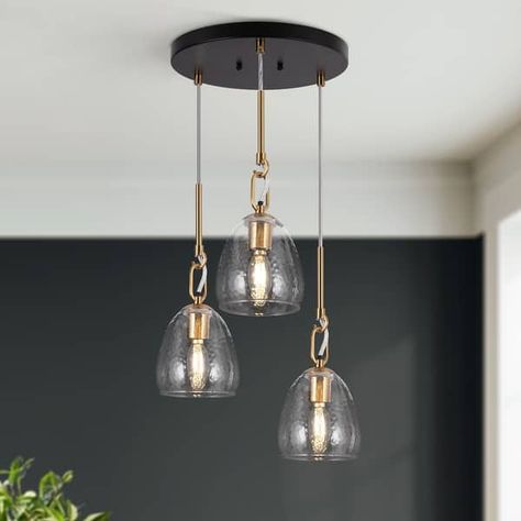 Blobfish Modern 3-Light Glass Chandelier Pendant Lighting for Kitchen Island - D 15" x H 12.5" - On Sale - Bed Bath & Beyond - 37834469 Brass Glass Chandelier, Pendant Light Over Small Round Dining Table, Black Island Pendant Lights, 3 Pendant Lights Over Kitchen Island, Foyer Lighting Ideas, Light Over Tub, Bathroom Chandelier Lighting, Stair Lighting Pendant, Dining Room Ceiling Light