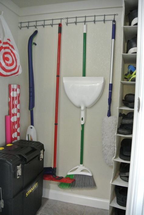 Organize Tiny Closet, Small Broom Closet, Broom Closet Organization, Broom Closet Organizer, Tiny Closet Organization, Closet Design Ideas, Mop Storage, Broom Storage, Organizing Tools