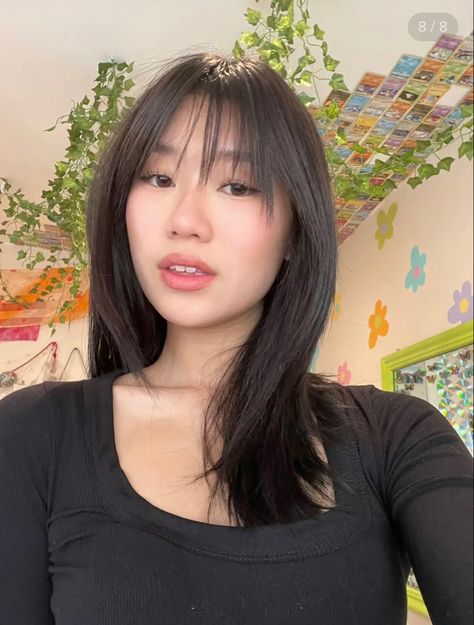 Bangs Asian Hair Round Face, Whispy Front Bangs Oval Face, Wispy Bangs No Layers, Asian Fringe Bangs, Wispy Bangs Round Face Asian, Wispy Asian Bangs, Layered Hair With Wispy Bangs Round Face, Wispy Bangs Small Forehead, Round Face Wispy Bangs