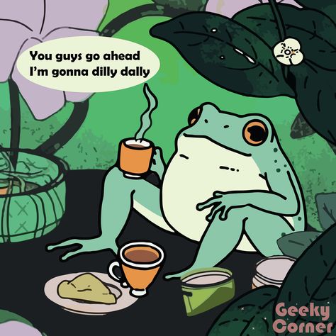 This is my version of the cute frog on a picnic meme. You guys go ahead, I'm gonna dilly dally! #frogmeme #picnicfrog #dillydally #frogwithcoffeecup #dillydallyfrog #cutefrog #kawaiifrogart #funnyfrog #frogillustration #frogartwork Frog Meme, Dilly Dally, Frog Illustration, The Picnic, Funny Frogs, Cute Frog, Frog Art, Meme Tshirts, Mood Humor