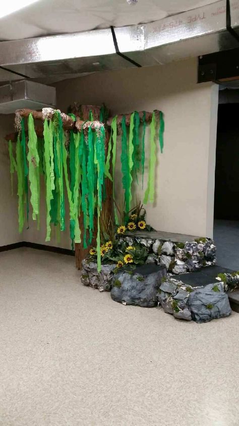 Shrek Jr Disney musical set design props swamp tree and boulders stage risers Prop Trees Set Design, Peter Pan Stage Design, Shrek Homecoming Hallway, Forest Theatre Set Stage Design, Shrek Stage Design, Shriek The Musical, Play Props Stage Design, Peter Pan Stage Props Set Design, Moana Jr Set