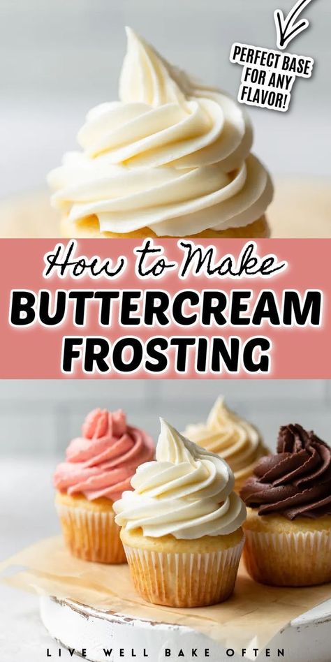 Create the best homemade buttercream frosting with this easy recipe from Live Well Bake Often! Whip up a lusciously smooth dessert to spread on cakes and cupcakes. The perfect blend of vanilla gives it a heavenly flavor. It is a great base for all your sweet creations. Try this recipe today! Buttercream Frosting Recipe Easy, The Best Buttercream Frosting, Buttercream Recipes, Buttercream Icing Recipe, Easy Buttercream Frosting, Best Buttercream Frosting, Homemade Buttercream Frosting, Best Buttercream, Easy Frosting