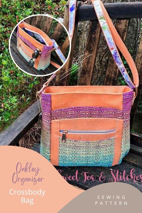 Oakley Organizer Crossbody Bag sewing pattern. This bag has a lot of pockets and so you have a place for everything. The Oakley crossbody bag is made with an adjustable strap that you can wear over the shoulder or cross-body style. Pleated sides give you a spacious interior without adding bulk. DIY crossbody bag to sew with cork, vinyl or fabric. SewModernBags Cross Body Bag Pattern Free, Crossbody Bag Sewing Pattern, Diy Crossbody Bag, Crossbody Bag Sewing, Crossbody Purse Patterns, Cross Body Bag Pattern, Wallet Sewing Pattern, Handbag Sewing Patterns, Crossbody Bag Pattern