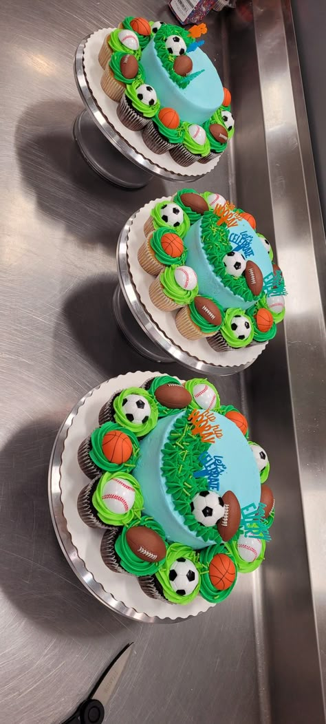 Field Day Cake Ideas, Simple Sports Cake, Sports Sheet Cake, Party Combo Cake Ideas, Summer Cookie Cake Designs, Cake And Cupcake Combo, Cupcake Critters, Walmart Cake, Chocolate Chip Ice Cream Cake