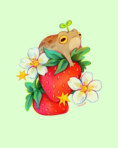 cute colorful whimsical inspiration frog toad desert rain frog illustration digital art desert rain frog on strawberry with flowers painted by chetom Cute Widgets, Frosch Illustration, Strawberry Frog, Frog Illustration, 동화 삽화, Frog Drawing, Frog Art, A Frog, Wow Art