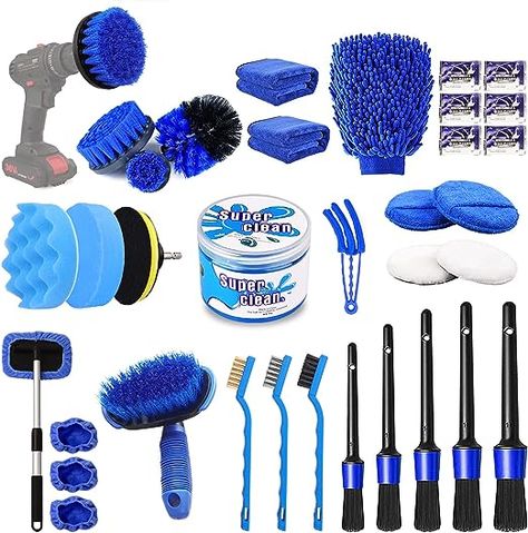 35PCS Car Detailing Brush Set, Car Detailing kit, Auto Detailing Drill Brush Set, Car Detailing Brushes, Car Wash Kit with Cleaning Gel, Car Cleaning Tools Kit for Interior,Exterior, Wheels, Dashboard Car Detailing Kit, Car Wash Mitt, Washing Towels, Vehicle Care, Drill Brush, Power Tool Batteries, Cleaning Tablets, Auto Detailing, Car Windshield