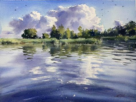 Watercolor Scenery, Modern Canvas Painting, Watercolor Art Landscape, Arte Grunge, Watercolour Landscape, Flow Painting, Canvas Art Projects, Watercolor Sky, Watercolor Water