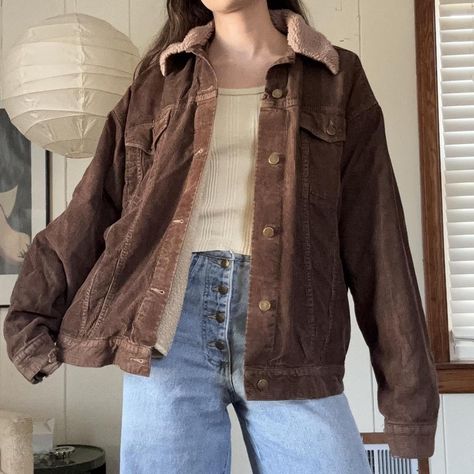 90s chunky brown corduroy work / chore coat... - Depop Brown Button Up Outfit, Brown Jacket Outfit Aesthetic, Brown Corduroy Jacket Outfit, Western Academia, Style Corduroy Jacket, Corduroy Jacket Outfit, Fashion 2025, Brown Corduroy Jacket, Chore Coat