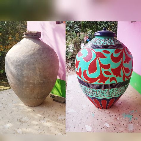 100years old big pot painting Big Flower Pot Painting Ideas, Big Flower Pot Ideas, Big Pot Painting Ideas, Matka Painting Ideas Creative, Earthen Pot Painting Ideas, Earthen Pot Painting, Painting On Pot, Pot Painting Ideas Creative, Matka Painting