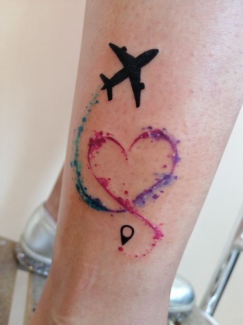 Travel Love Tattoo, Wrist Travel Tattoo, Watercolor Travel Tattoo, Life Journey Tattoo Ideas, Airplane Tattoos For Women, Airplain Tattoo, Tattoo For Travel Lovers, Jett Tattoo, Travel Tattoo Ideas For Women