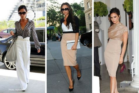 Victoria Beckham has style for miles—even if her height isn’t up in Charlize Theron territory. Silk blouses, high waist pants & pencil skirts, + pumps with everything make Posh Spice’s look always dead-on for everyday business dress-up, and for her dressy take on casual. 5’2” looks good! Inverted Triangle Celebrities, Triangle Body Shape Celebrities, Petite Inverted Triangle, Triangle Skirt, Inverted Triangle Body Shape Outfits, Inverted Triangle Body Shape Fashion, Triangle Body Shape Fashion, Inverted Triangle Fashion, Triangle Outfits