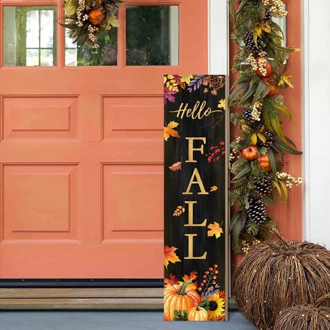 PRICES MAY VARY. Falltime Charm: Our fall porch signs come with large "Hello FALL" letters stenciled on it, are delicately designed with wooden background, well printed with maple leaves, sunflowers, pumpkins patterns, which conveys a warm and wonderful atmosphere for your party. Quality Material: Made of high-quality wood, this wooden vertical sign is reliable and sturdy, suitable for indoor and outdoor use. If displayed outdoors, please protect this hanging sign from adverse weather conditions Fall Front Stoop Decor, Merry Christmas Welcome Sign, Late Summer Porch Decor, Fall Outdoor Signs, Fall Welcome Signs For Porch, Fall Displays Outdoor, Fall Welcome Sign Front Door, Fall Porch Signs, Stoop Decor