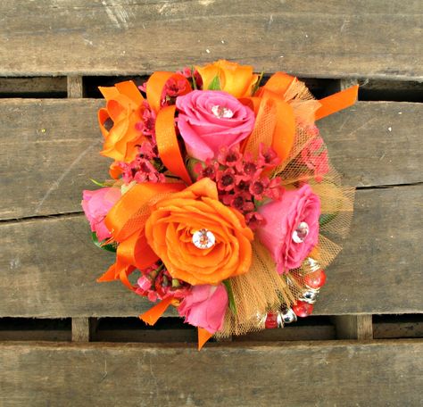 Hot Pink And Orange Corsage, Pink And Orange Corsage, Orange Prom Corsage, Pink Orange Corsage, Yellow And Pink Corsage, Orange Wrist Corsage Prom, Orange Corsage, Senior Homecoming, Homecoming Flowers