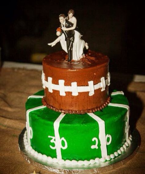 Football grooms cake with his cheerleader! Burden | Moore Wedding Essie Weddings Grooms Cake Ideas Football, Grooms Cake Football, Football Grooms Cake, Football Wedding Cake, Rehearsal Dinner Cake, Football Wedding Theme, Southern Wedding Traditions, Rehearsal Dinner Planning, Southern Traditions