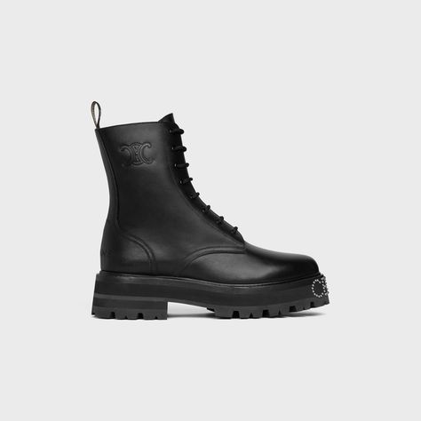 LACE-UP BOOT WITH TRIOMPHE AND STUDDED OUTSOLE CELINE BULKY in SHINY BULL - Black | CELINE Bulky Boots, Celine Shoes, Shoes Boots Ankle, Handbags Leather, Black Accessories, New Fragrances, Designer Boots, Saint Tropez, Lace Boots