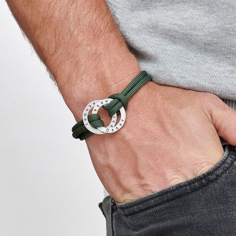 Personalized Dad Gift Engraved Men Bracelet Hoop Silver 925-Black or Green Cord Custom engraved brac Rope Bracelet Men, Custom Engraved Bracelet, Gallery Jewelry, Bracelets Men, Dad Jewelry, Trending Bracelets, Man Black, Necklace Men, Personalized Gifts For Dad