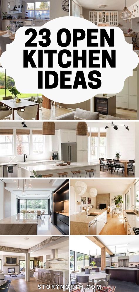 Save this pin for innovative open kitchen ideas that will elevate your home decor game! From modern to rustic styles, discover creative designs that will inspire your next renovation project. #HomeDecor #KitchenIdeas #InteriorDesign Open Plan Kitchens With Islands, Fireplace Near Kitchen, Gallery Kitchen Ideas Layout, Kitchens With Islands Layout, Kitchen Open Concept Living Room, Open Kitchen Floor Plans, Open Kitchen Living Room Ideas, Open Kitchen Ideas, Kitchen With Island Layout