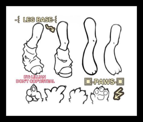 Paw Feet Drawing, Paw Tutorial Drawing, How To Draw Anthro Paws, Digi Legs Drawing, Animal Legs Reference, Digitigrade Legs Drawing Reference, Anthro Legs Reference, Daikon Legs Art Style, Dog Paws Drawing