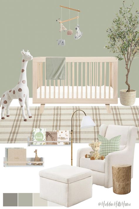 Cute nursery decor mood board with light green accent wall Sage Green Feature Wall Nursery, Nursery With Green Wall, Wallpaper Ideas Nursery, Green Beige Nursery, Muted Green Nursery, Green Accent Nursery, Green Gingham Nursery, Nursery With Green Accents, Olive Green Baby Nursery