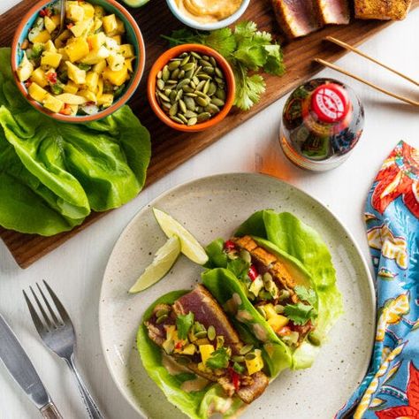 Lettuce Wrap Tacos, Tuna Lettuce Wraps, Ahi Tuna Steak, Fresh Mango Salsa, Simple Dinners, Butter Lettuce, Chipotle Mayo, Bbq Ideas, Lettuce Wrap