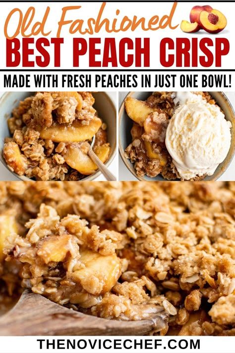 This old-fashioned Peach Crisp recipe is made with fresh peaches, that are baked until tender, with a cinnamon-oat crisp topping. Served warm with a scoop of ice cream, this is a classic dessert that everyone will adore! Peach Crisp With Frozen Peaches, Fresh Peach Crisp, Easy Peach Crisp, Oatmeal Crisp, Peach Crisp Recipe, Oatmeal Toppings, Frozen Peaches, Peach Dessert Recipes, Peach Crumble