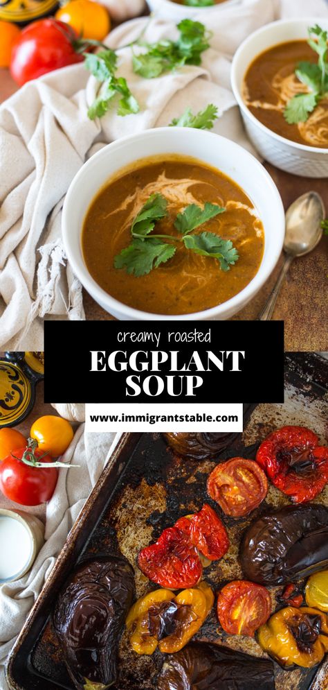 Roasted Eggplant Soup Recipes, Roasted Eggplant Soup, Eggplant Soup Recipes, Creamy Eggplant, Eggplant Soup, Gf Cooking, Bell Pepper Soup, Healthy Eggplant, Eggplant Recipes Easy