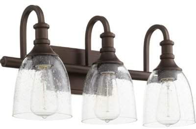 Charlton Home Falbo 3-Light Vanity Light Charlton Home Bronze Vanity Lighting, Quorum Lighting, Bronze Bathroom, Light Vanity, Bath Vanity Lighting, Bathroom Light Fixtures, Bath Light, Traditional Lighting, Seeded Glass