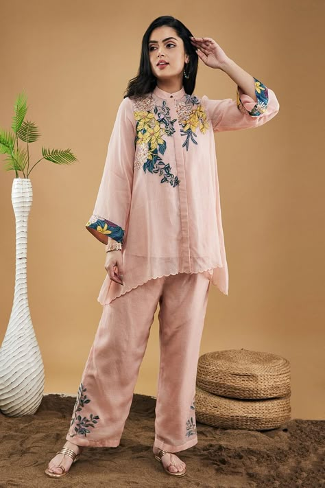 Buy Soup by Sougat Paul Peach Handloom Cotton Zinnia Applique High-low Shirt With Pant Online | Aza Fashions Sougat Paul, Peach Shirt, Applique Top, High Low Shirt, Pant For Women, Shirt Pant Set, Top And Pants Set, Top Pants Set, Suit Designs