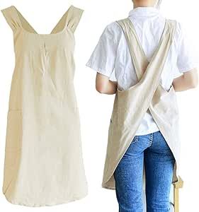 NEWGEM Japanese Linen Cross Back Kitchen Cooking Aprons for Women with Pockets Cute for Baking Painting Gardening Cleaning Khaki Cross Over Apron, Cook Clothes, Back Kitchen, Baking Painting, Branded Aprons, Cooking Aprons, Aprons For Women, Cross Back Apron, Linen Store