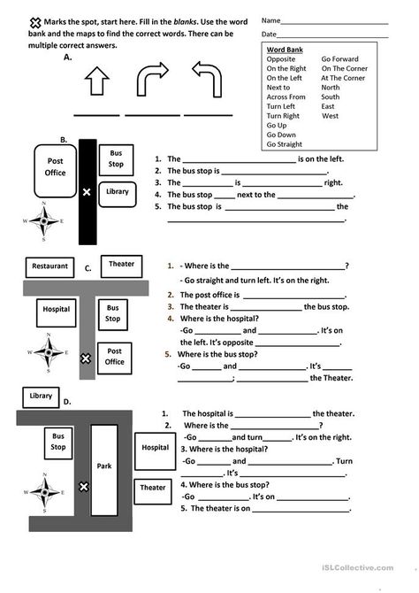 Directions, Prepositions and Maps Worksheet - English ESL Worksheets for distance learning and physical classrooms Following Directions Worksheet, Preposition Worksheet, Directions Worksheet, Reading Practice Worksheets, Worksheets For Middle School, Map Skills Worksheets, Preposition Worksheets, Sequencing Worksheets, Map Worksheets