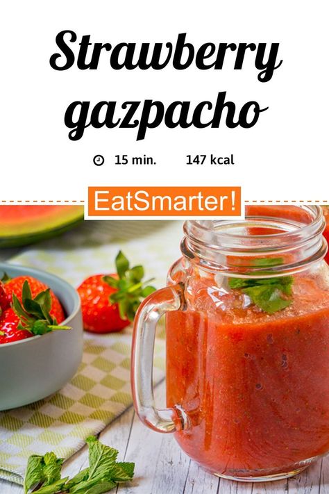 Strawberry Gazpacho - few calories - quick recipe - simple dish - So healthy is the recipe: 10.0/10 | A recipe idea by EAT SMARTER | Clean Eating, high-fiber, Low-fat, 100-250 Calorie, Light Cooking, fat-free, meat-free, no-cook, Vegan, Low-sugar, Halftime, Spring, Spring Dish, Summer, Summer soup, Summer Dish, Special, Garden Party, Gourmet, Home Cooking, Picnic, soup, chilled soup, gazpacho, Lunch, Dinner #gazpacho #healthyrecipes Strawberry Gazpacho, Soup Summer, Healthy Spring Recipes, Light Cooking, Strawberry Recipe, Soup Ideas, Gazpacho Recipe, Chilled Soup, Spring Dishes