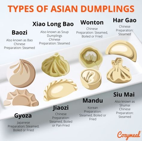 Different types of Asian dumplings Asian Dumplings, Culinary Cooking, Homemade Cookbook, Culinary Techniques, Food Infographic, Food Info, Smart Kitchen, Delicious Snacks Recipes, Food Recepie