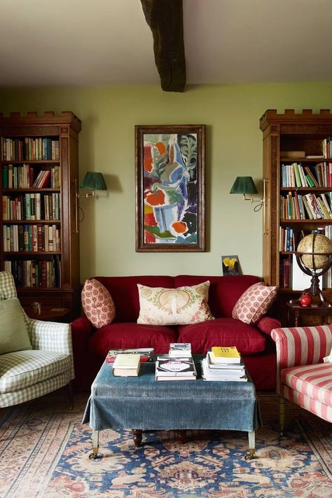 Red Sofa Living, Red Sofa Living Room, English Cottage Decor, Red Couch, English Cottage Style, Red Sofa, English Cottage, A Living Room, New Wall