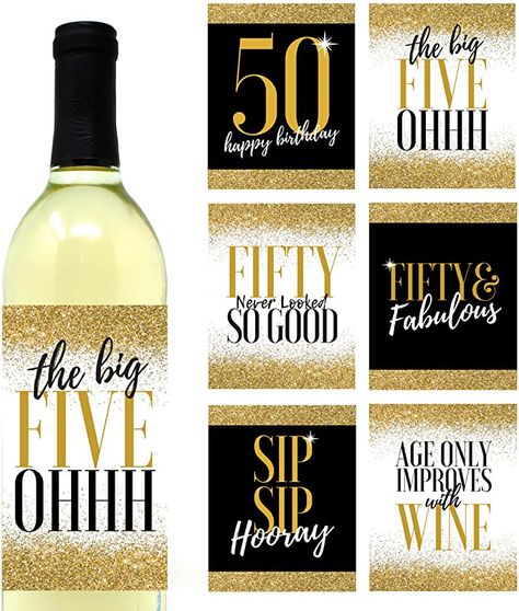 60th Birthday Wine Bottle Labels, 50th Birthday Wine Bottle Labels, Black Gold Party Decorations, 60th Birthday Wine Labels, Hello 50, 50th Birthday Party Ideas For Men, Birthday Wine Bottle Labels, Black And Gold Party Decorations, Birthday Wine Bottles