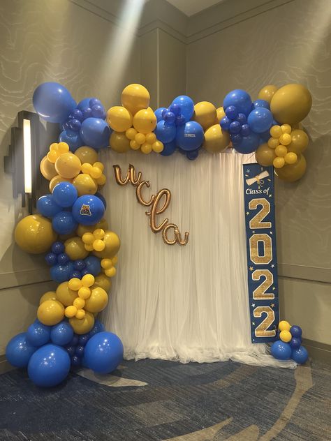 #balloongarland #uclaparty #graduationballoons #uclagraduationparty #blueandyellowballoons #ucladecor #balloonsartist Ucla Party Decorations, Navy Blue And Gold Balloon Garland, Ucsd Graduation Party, Ucla Graduation Party Ideas, Blue And Yellow Graduation Party Ideas, Blue And Yellow Graduation Party, Yellow And Blue Party, Blue And Yellow Backdrop, Ucla Party