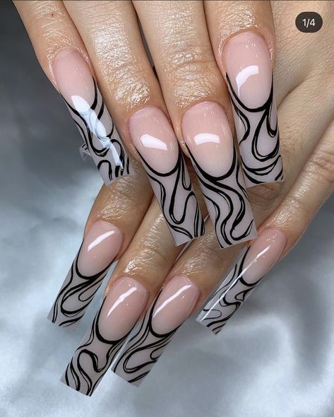 Abstract French Tip, Tip Acrylics, Black And Nude Nails, Line Nail Designs, French Tip Acrylics, Abstract Nails, December Nails, Abstract Nail Art, Nude Nail Designs