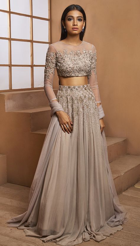 Grey embellished full sleeve blouse with a self embellished grey lehenga and plain net dupatta. Grey Lehenga, Orang India, Desi Outfits, Outfit Essentials, Indian Outfits Lehenga, Lehnga Dress, Gaun Fashion, Indian Lehenga, Wedding Clothes