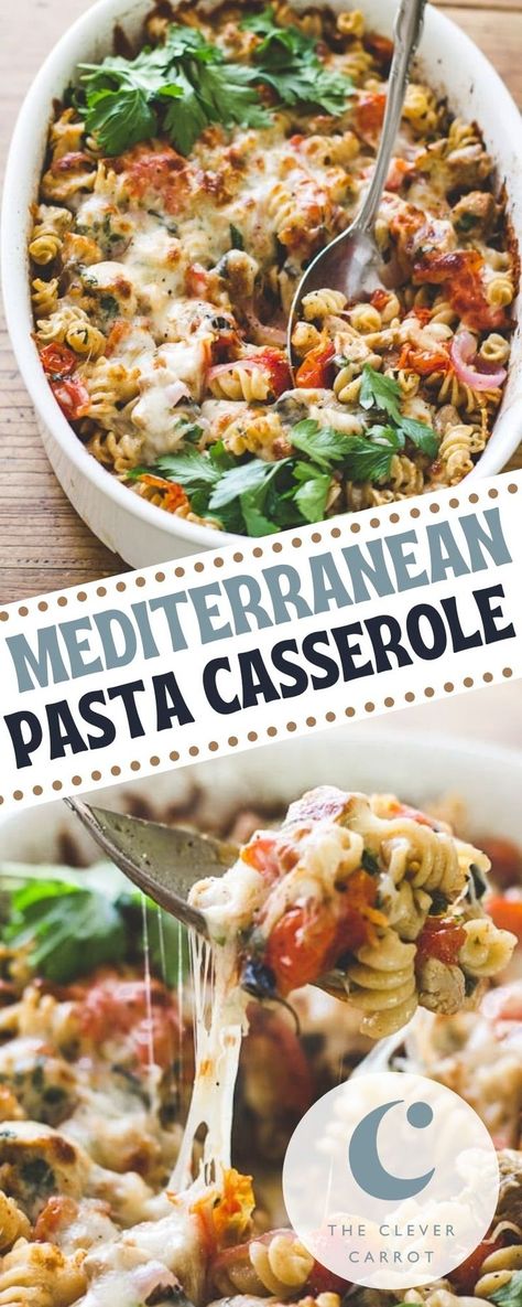 This one-pan pasta dish is the perfect weeknight dinner! It's loaded with bold Mediterranean flavors like tomatoes, onions, artichokes, and fresh herbs in every bite. It's cheesy and cozy without being too heavy making it a nutrient-packed dish perfect for fueling up. It comes together quickly and bakes in the oven until warm and bubbling. Mediterranean Chicken Pasta, The Clever Carrot, Clever Carrot, Diet Pasta, Mediterranean Pasta, Chicken Pasta Bake, Homemade Condiments, Mediterranean Chicken, Pasta Casserole